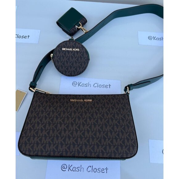 Michael Kors crossbody tech attach coin airpod case MK signature racing green - Picture 2 of 4